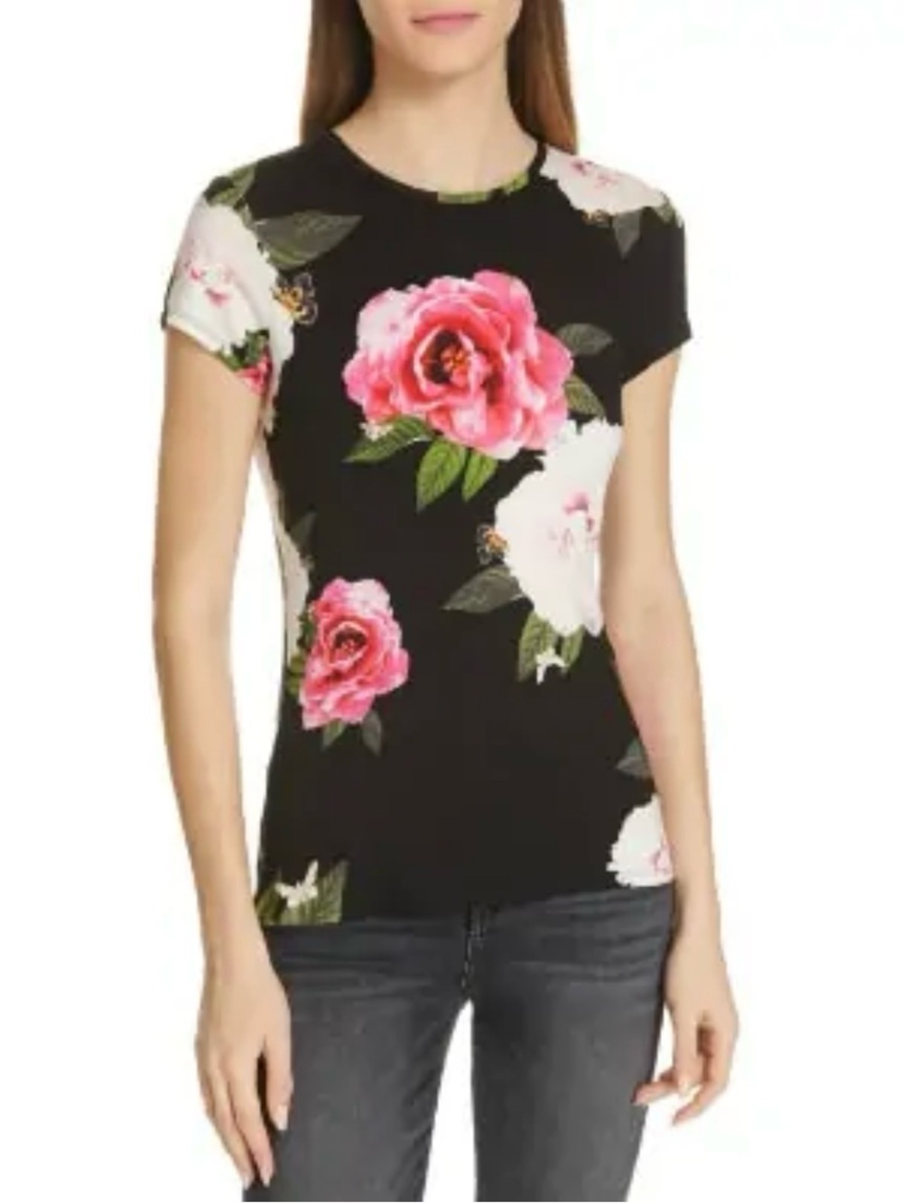 Ted Baker Alanyo Magnificent Floral Fitted Tee Black Pink Size 2